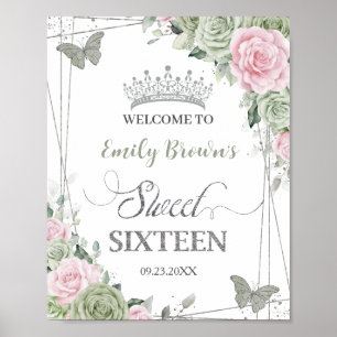 Poster Sage Vert rose papillons floraux Silver Sweet 16