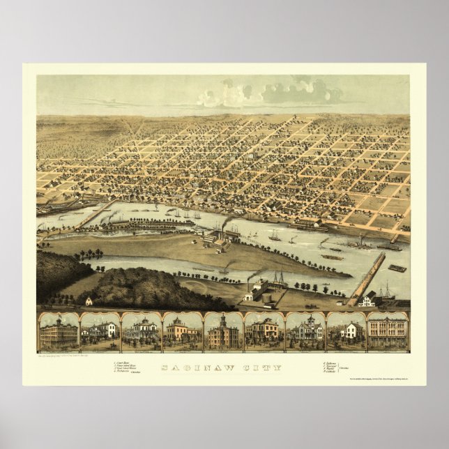 Poster Saginaw, MI Carte panoramique - 1867 (Devant)
