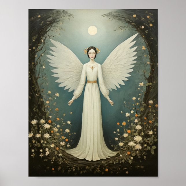 Poster Saint ange avec ailes, entre les fleurs (Devant)