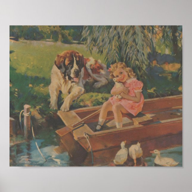 Poster Saint Bernard, Canards, Petite fille en bateau (Devant)