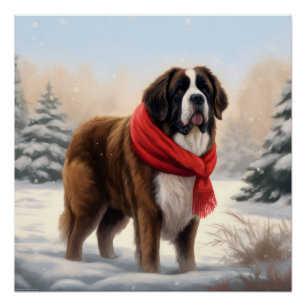 Poster Saint Bernard Chien à Noël de neige