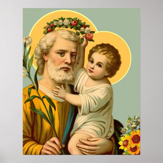 Poster Saint Joseph et Enfant Jésus avec Fleurs de la Cou (Devant)