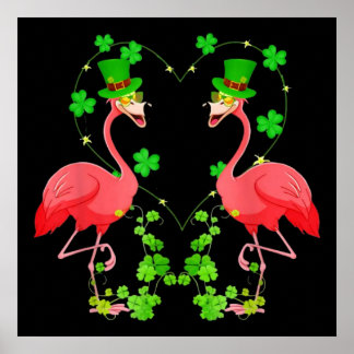 Poster Saint Patrick's Day Flamant rose Shamrock Coeur