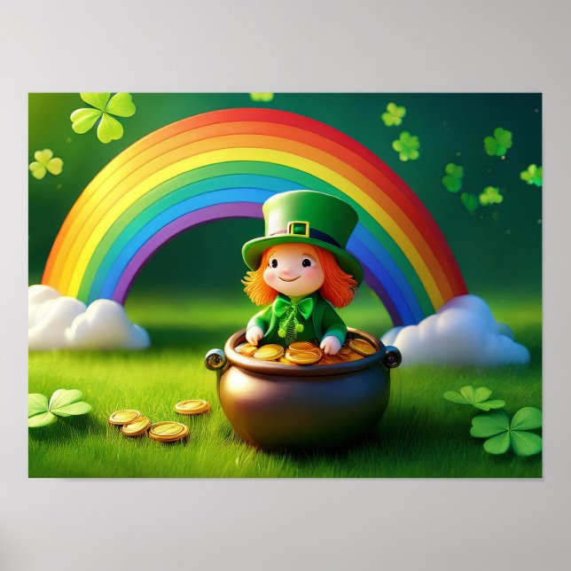 Poster Saint Patrick's Day Leprechaun en Pot d'Or (Devant)