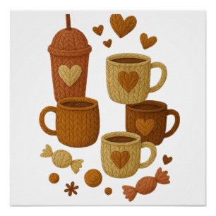 Poster Saint-Valentin Café Amour Cœurs Tricotés Câlins