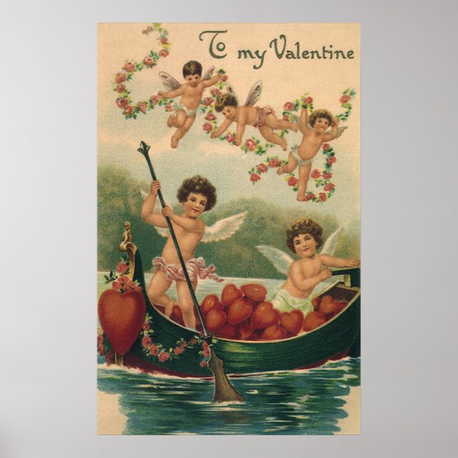 Poster Saint Valentin vintage, Cherubs victoriens en bate (Devant)