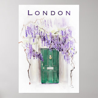 Poster Saison de glycine à Londres porte verte aquarelle
