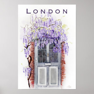 Poster Saison glycine à Londres porte grise aquarelle