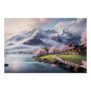 Poster Sakura Art numérique rose avec vue sur la montagne