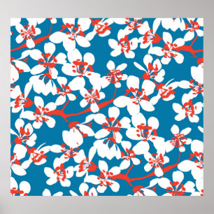 Poster Sakura blanc, motif arrière - plan bleu classique.