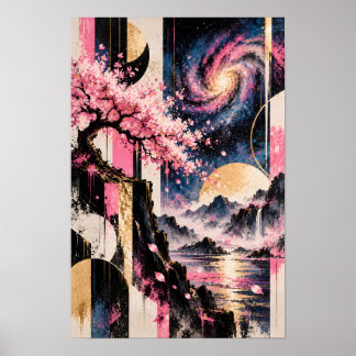 Poster Sakura Cosmique Géométrie Lunaire Rose Or Art de l