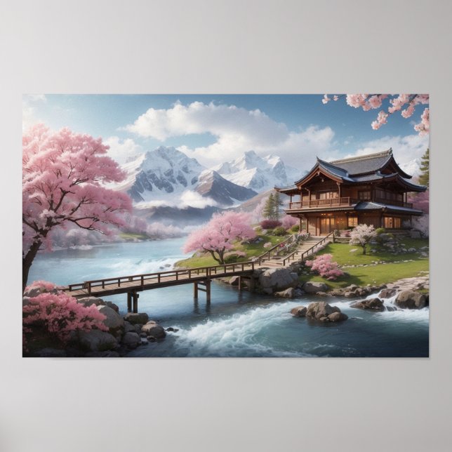 Poster Sakura d'hiver avec vue sur la montagne (Devant)