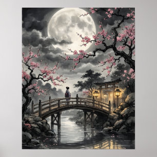 Poster Sakura japonaise au clair de lune
