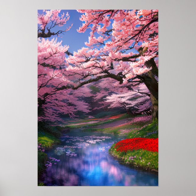 Poster Sakura Trees Embrassez le ruisseau Calm (Devant)
