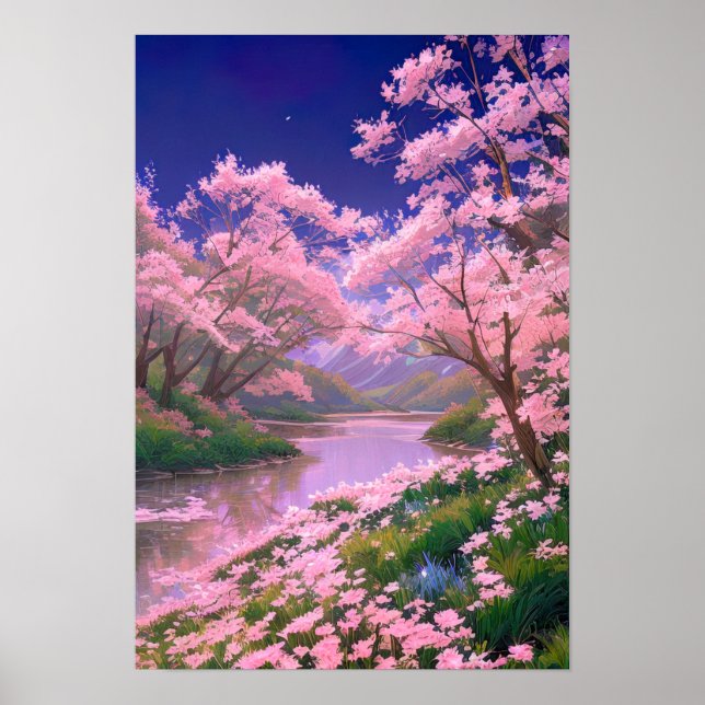 Poster Sakura Trees sur la Serene Riverbank (Devant)