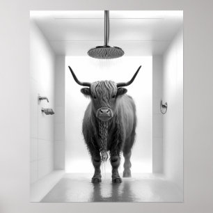 Poster Salle de bain avec douche Highland Cow Noir et bla