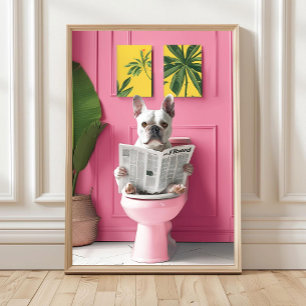 Poster Salle de bain Bouledogue français blanc lisant sur