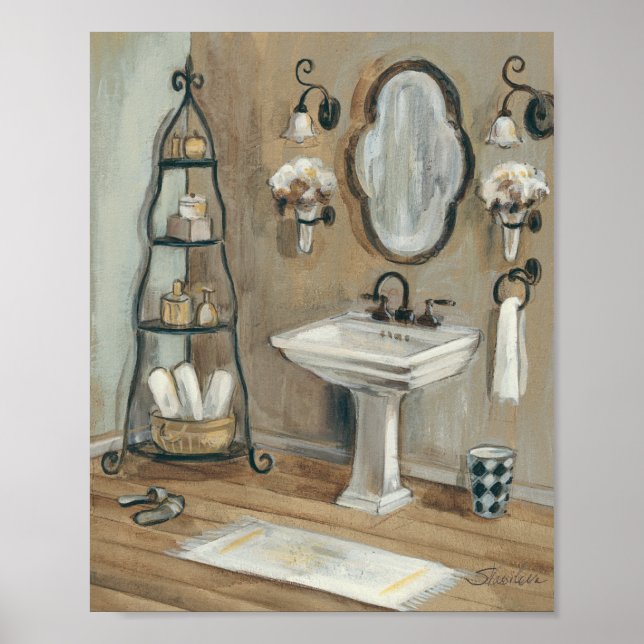 Poster Salle de bain française avec miroir et lavabo (Devant)