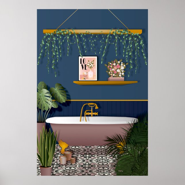 Poster Salle de bain victorienne romantique bleu marine (Devant)