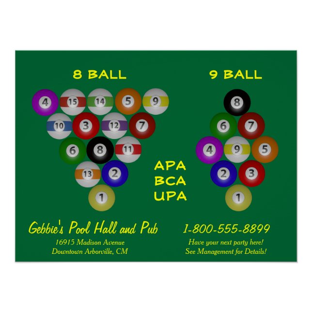 Poster Salle de billard de 8 balles 9 balles (Devant)
