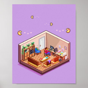 Poster Salle de jeu PC en pixel art isométrique