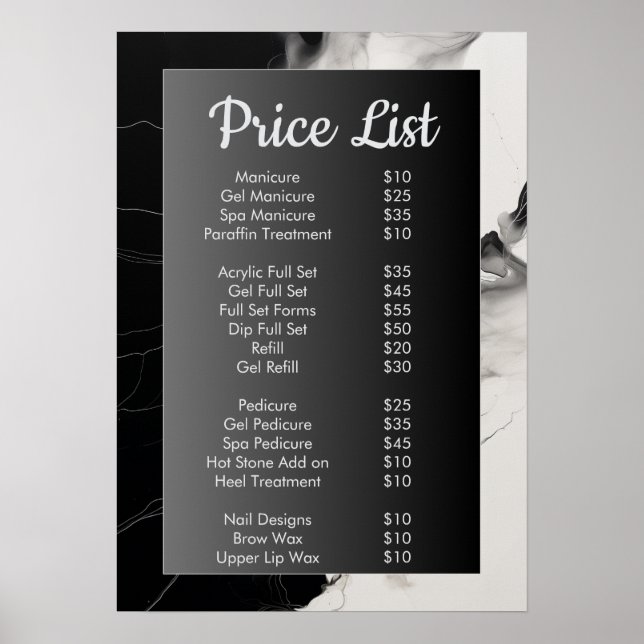 Poster Salon à ongles en marbre noir et blanc Menu Prix (Devant)