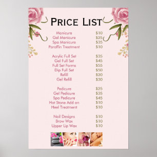 Poster Salon à ongles rose floral Menu Prix