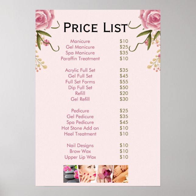 Poster Salon à ongles rose floral Menu Prix (Devant)