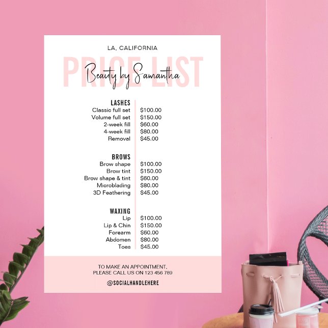 Poster Salon de beauté rose rose rose féminin moderne Lis (Fully editable feminine price list of services poster, featuring trendy fonts and blush pink colors)