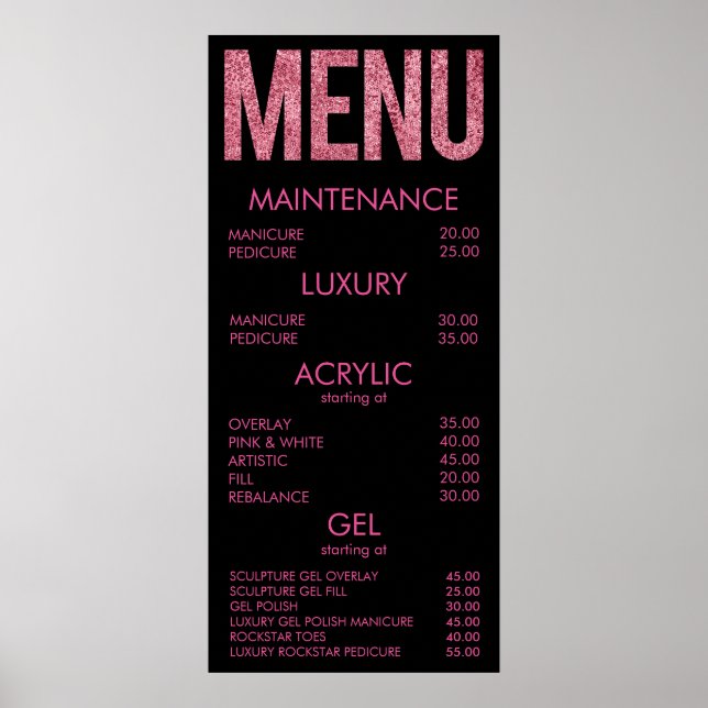 Poster Salon de Parties scintillant noir et rose Menu Pos (Devant)