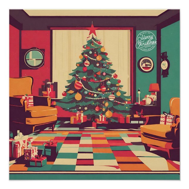 Poster Salon rétro de Noël avec sapin de Noël (Devant)