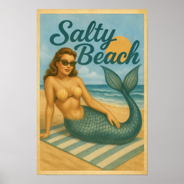 Poster Salty Beach Pin-Up Mermaid -Retro Coastal Life Art (Devant)