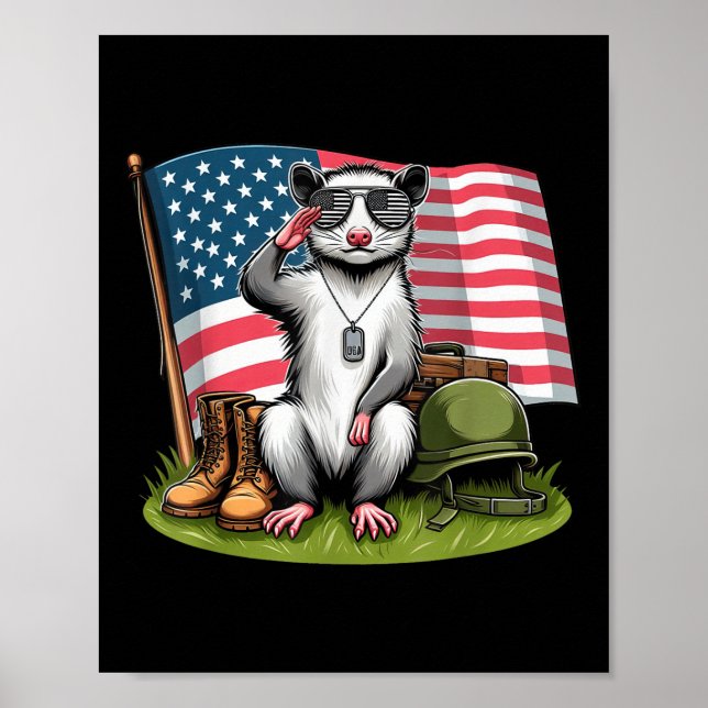 Poster Saluer Possum American Usa Flag Memorial Day 4th O (Devant)