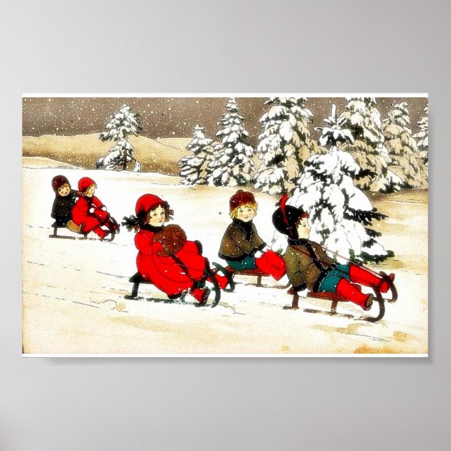 Poster Salutation de Noël avec les enfants neige slading (Devant)