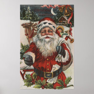 Poster Salutation de NoëlPère Noël avec Cerfs et Enfants