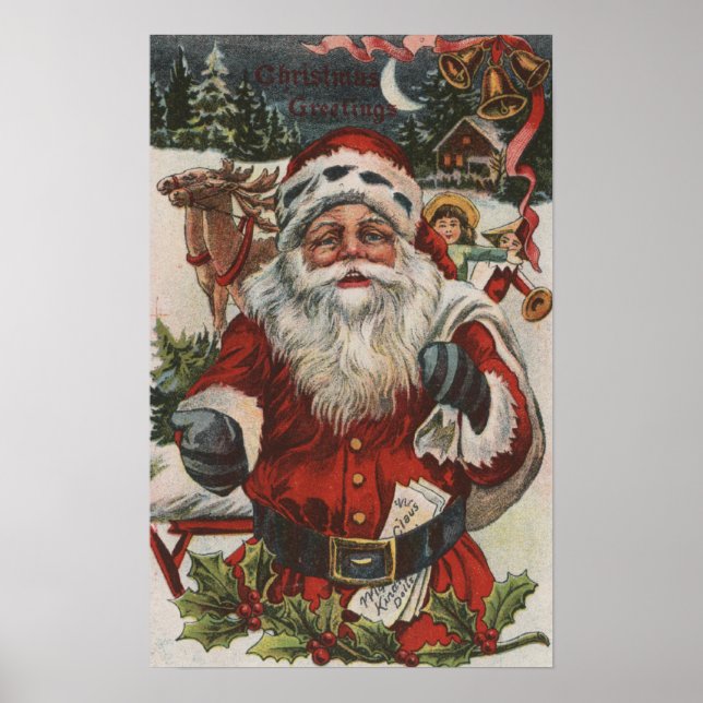 Poster Salutation de NoëlPère Noël avec Cerfs et Enfants (Devant)