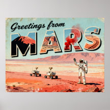 Salutations de l'affiche Mars Retro Sci-Fi