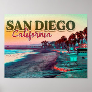 Poster Salutations de San Diego Ca Watercolor Sunset 60s