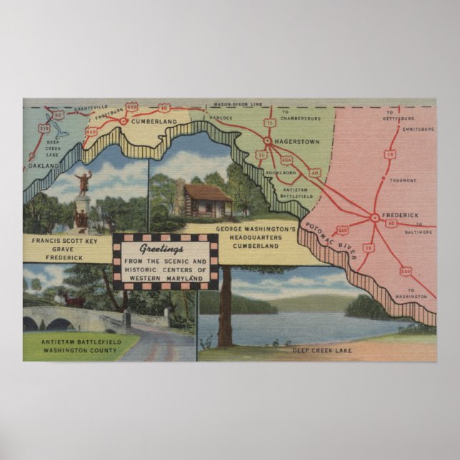 Poster Salutations Du Maryland Occidental (Carte Détaillé (Devant)