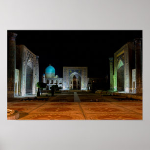 Poster Samarkand, Ouzbékistan - carré Registan la nuit