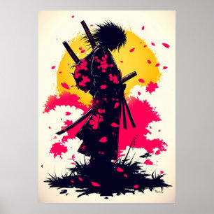 Poster Samouraï Solitaire Parmi les Sakura Tombants