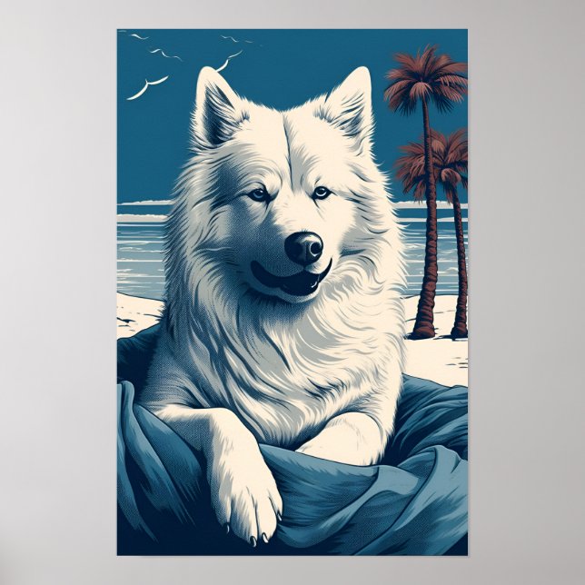 Poster Samoyé à la plage (Devant)