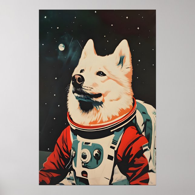 Poster Samoyed Astronaut Poster, Samoyed Retro Print (Devant)