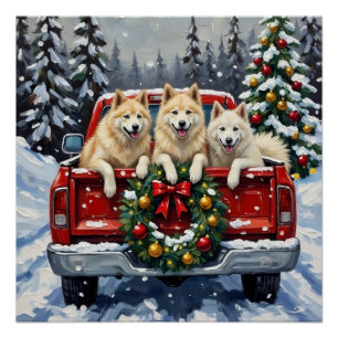 Poster Samoyed Noël Camion Rouge Fêtes