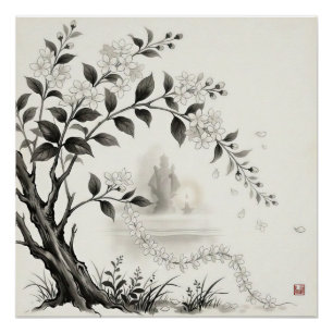 Poster Sampaguita — Fleur Nationale Philippine Sumi-e