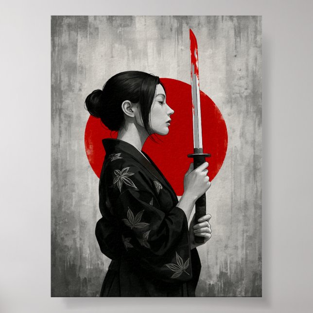 Poster Samurai femme avec Katana devant le soleil rouge (Devant)