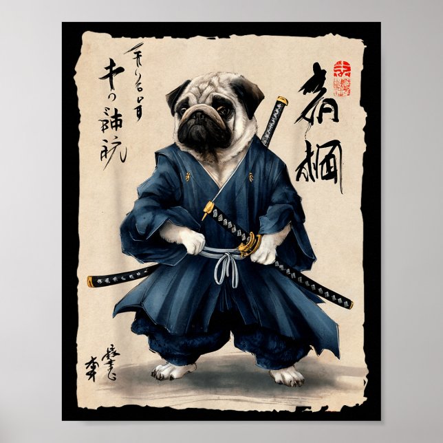 Poster Samurai Pug Japanese Anime Dog Pug Lover Funny For (Devant)