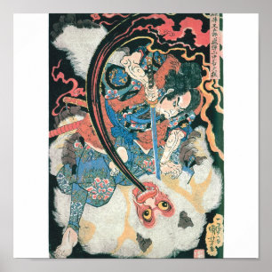 Poster Samurai tuant un démon, peinture japonaise ancienn