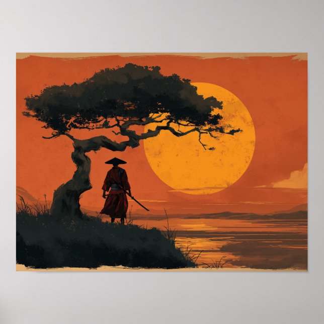 Poster Samurai Under Sunset Tree in Traditional Japanese  (Devant)
