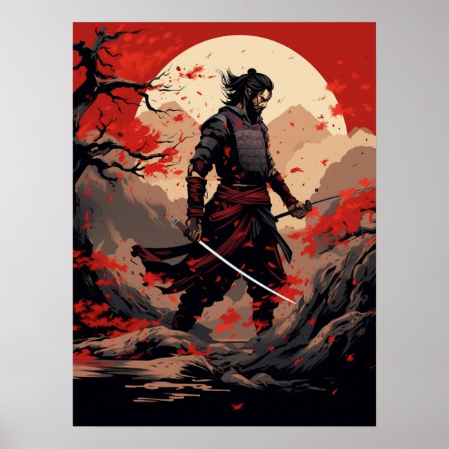 Poster Samurai Warrior à l'affiche du coucher du soleil (Devant)